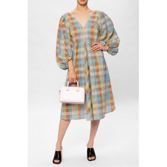 💕GANNI💕 Seersucker Check Dress ~ Midi Tent Plaid Picnic Balloon Sleeve Size 40 - Picture 10 of 16